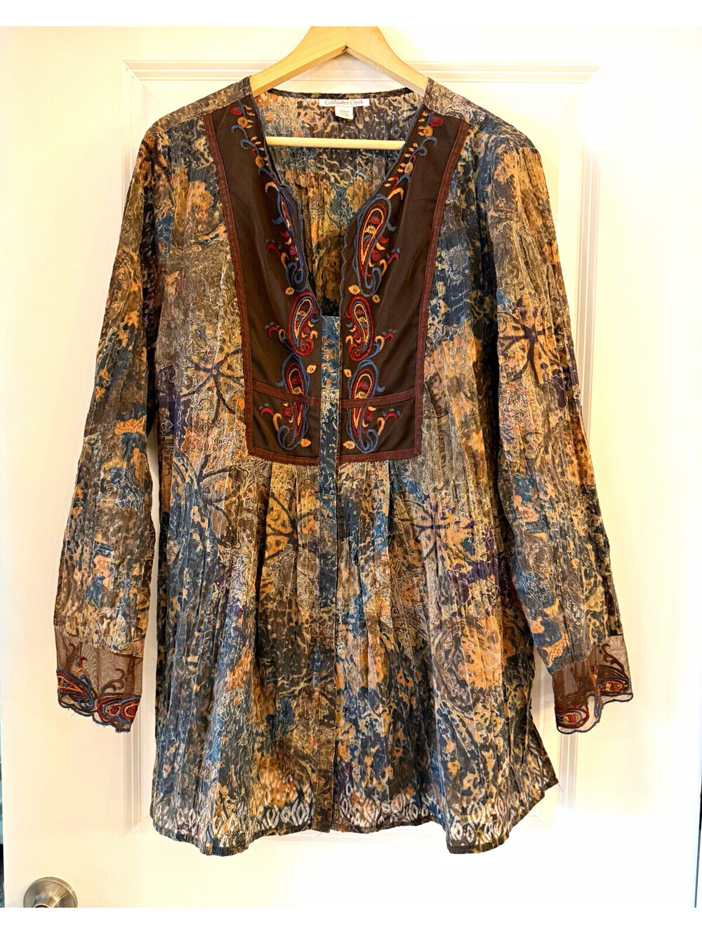 Coldwater Creek Boho Paisley Print Crinkle Top Sheer Mesh Embroidered XL (18)